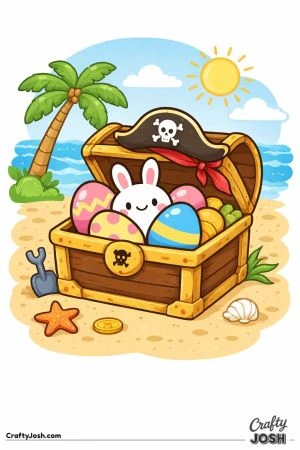 A smiling bunny sits inside a pirate treasure chest Easter basket filled with decorated eggs, resting on a sandy beach with a palm tree, ocean waves, ..