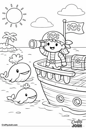 A pirate stands on his ship using a telescope to watch two friendly whales splashing in the ocean nearby