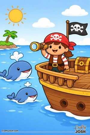 A pirate stands on his ship using a telescope to watch two friendly whales splashing in the ocean nearby