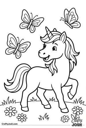 Playful unicorn trotting with butterflies
