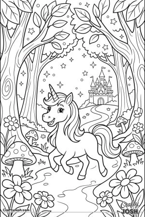 Prancing unicorn enchanted forest path