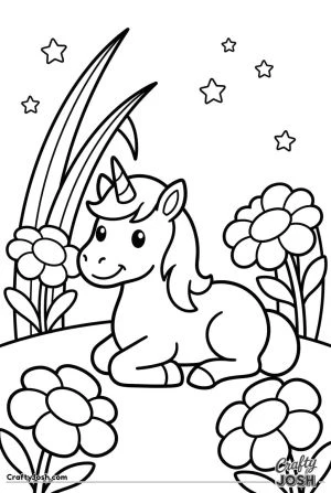 Resting unicorn in flower meadow