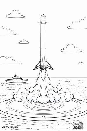 A tall reusable rocket descends toward a floating ocean landing platform with its landing legs extended while a support ship waits nearby.