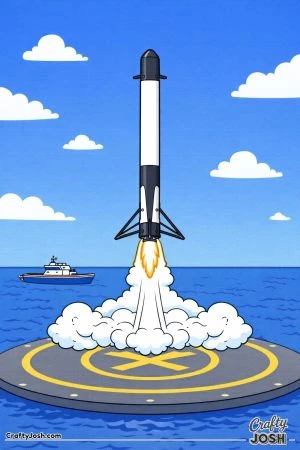 A tall reusable rocket descends toward a floating ocean landing platform with its landing legs extended while a support ship waits nearby.