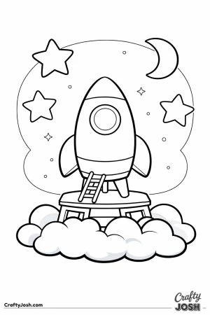 A cartoon rocket stands on a launch pad with a ladder, surrounded by clouds, stars, and a crescent moon in the sky