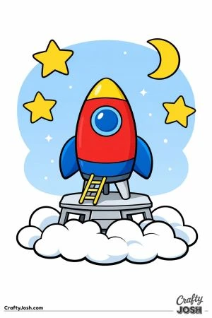 A cartoon rocket stands on a launch pad with a ladder, surrounded by clouds, stars, and a crescent moon in the sky