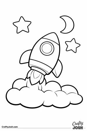 A rocket ship blasts off upward with large smoke clouds below, two stars, and a crescent moon in the sky