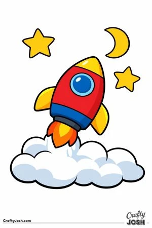 A rocket ship blasts off upward with large smoke clouds below, two stars, and a crescent moon in the sky