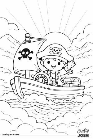A smiling pirate sails a small boat across ocean waves with a treasure chest on board while the sun rises behind clouds