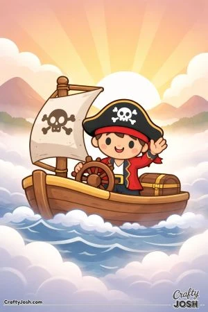 A smiling pirate sails a small boat across ocean waves with a treasure chest on board while the sun rises behind clouds
