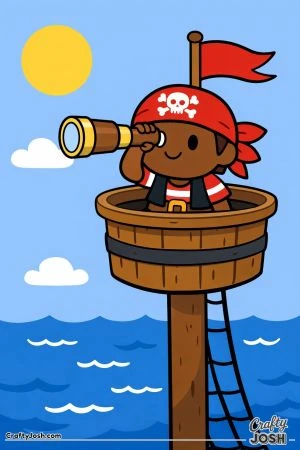 A smiling pirate boy stands in the ship’s lookout tower while looking through a spyglass over the ocean, with a pirate flag, sun, clouds, and waves ..