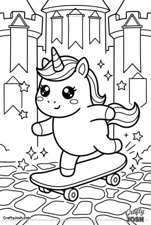 Skateboarding unicorn castle courtyard