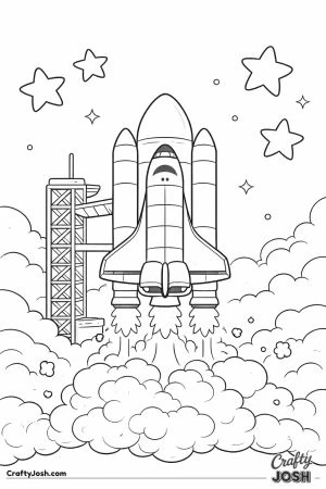 A space shuttle launches upward from a launch pad with large smoke clouds below while stars appear in the sky above.