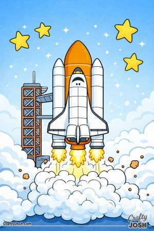 A space shuttle launches upward from a launch pad with large smoke clouds below while stars appear in the sky above.