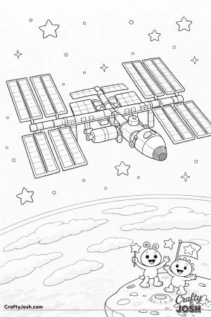 A simplified space station with long solar panels floats in orbit above the curved horizon of Earth with a small crew capsule docked to one side and ..