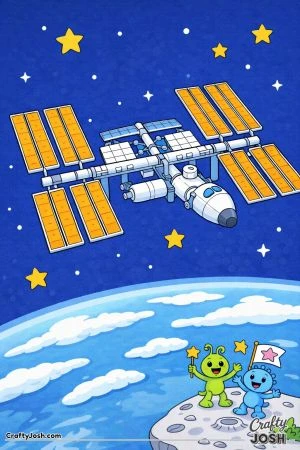 A simplified space station with long solar panels floats in orbit above the curved horizon of Earth with a small crew capsule docked to one side and ..