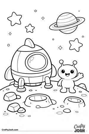 A spaceship is parked on a small alien planet while a friendly two-antenna alien waves beside it, with stars and a ringed planet floating in the sky ..