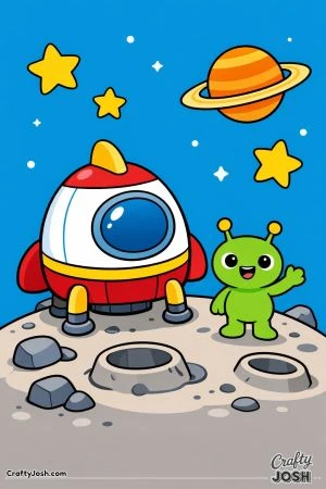 A spaceship is parked on a small alien planet while a friendly two-antenna alien waves beside it, with stars and a ringed planet floating in the sky ..