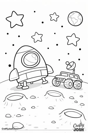 A rocket spaceship stands on the moon surface beside a small moon rover with craters, rocks, stars, and a distant planet in the sky.