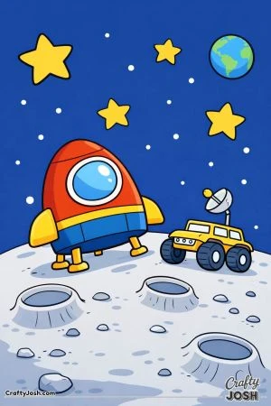 A rocket spaceship stands on the moon surface beside a small moon rover with craters, rocks, stars, and a distant planet in the sky.