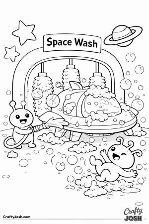 A funny alien spaceship car wash shows one alien spraying a rounded spaceship while another slips on bubbly foam under a “Space Wash” sign.