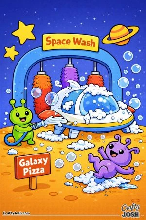 A funny alien spaceship car wash shows one alien spraying a rounded spaceship while another slips on bubbly foam under a “Space Wash” sign.