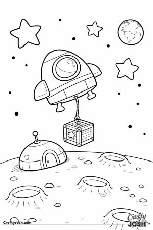A spaceship hovers above a small moon base while lowering a crate with a star symbol using a rope.