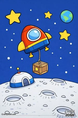 A spaceship hovers above a small moon base while lowering a crate with a star symbol using a rope.