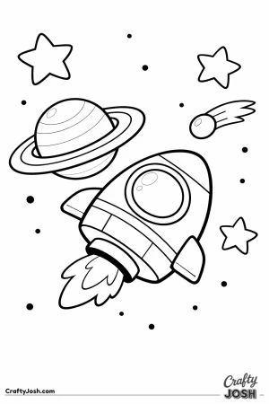 A spaceship zooms through space near a large ringed planet with stars and a small comet nearby.