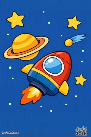 A spaceship zooms through space near a large ringed planet with stars and a small comet nearby.