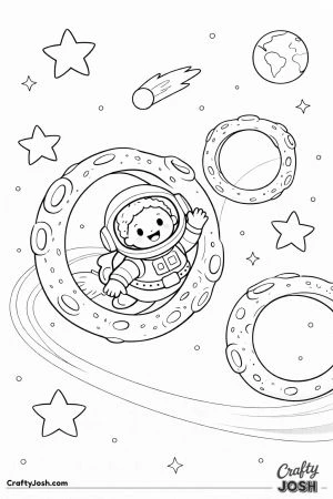 A playful spaceship flies through large asteroid hoops like a space obstacle course while a smiling little astronaut waves from the window, with ..