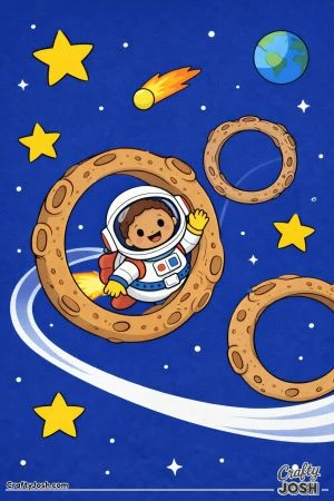 A playful spaceship flies through large asteroid hoops like a space obstacle course while a smiling little astronaut waves from the window, with ..