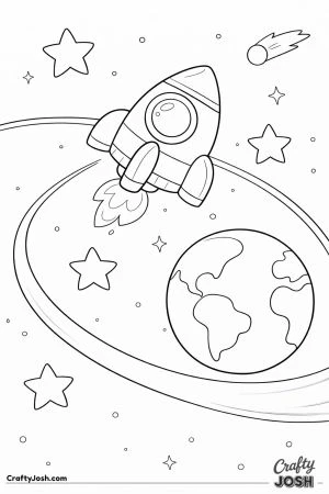 A cartoon spaceship flies through space along a curved orbit path looping around a large planet, with stars and a comet nearby