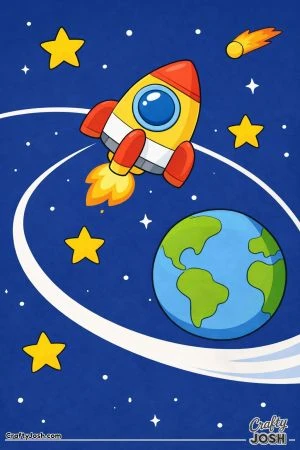 A cartoon spaceship flies through space along a curved orbit path looping around a large planet, with stars and a comet nearby