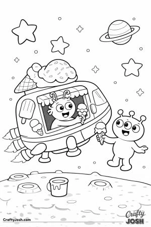 A spaceship designed like an ice cream truck serves an ice cream cone to a smiling alien floating nearby while stars and a ringed planet appear in ..