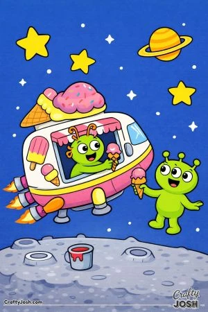 A spaceship designed like an ice cream truck serves an ice cream cone to a smiling alien floating nearby while stars and a ringed planet appear in ..