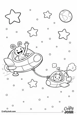 A helpful spaceship tows a smaller broken spaceship through space while an alien pilot waves and another alien looks worried inside the damaged ship