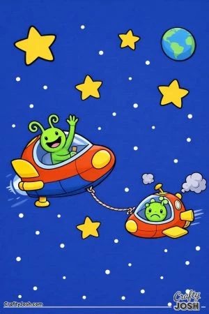 A helpful spaceship tows a smaller broken spaceship through space while an alien pilot waves and another alien looks worried inside the damaged ship