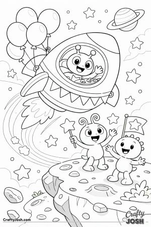 A spaceship decorated with balloons floats past while an alien pilot waves from the window and two small aliens wave star-shaped flags from a tiny ..
