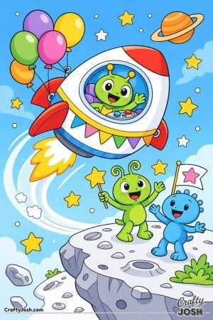A spaceship decorated with balloons floats past while an alien pilot waves from the window and two small aliens wave star-shaped flags from a tiny ..