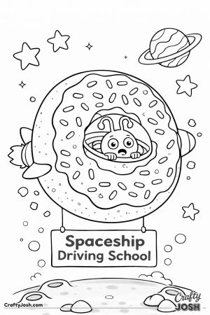 A spaceship is stuck through the center of a donut-shaped asteroid while a surprised alien pilot looks out the window as stars and a ringed planet ..