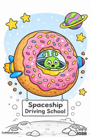 A spaceship is stuck through the center of a donut-shaped asteroid while a surprised alien pilot looks out the window as stars and a ringed planet ..