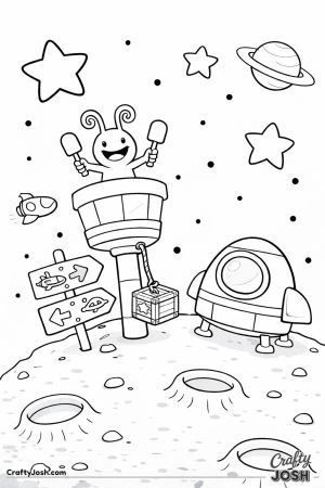 A cheerful alien traffic controller stands on a tower on a small asteroid directing a waiting spaceship while another tiny ship flies past.