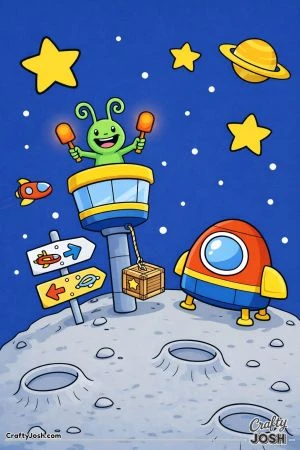 A cheerful alien traffic controller stands on a tower on a small asteroid directing a waiting spaceship while another tiny ship flies past.