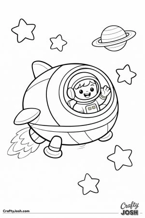 A rounded spaceship flies through space while a smiling astronaut waves from inside the large front window