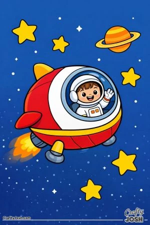 A rounded spaceship flies through space while a smiling astronaut waves from inside the large front window