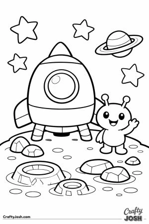 A rounded spaceship is parked on a small alien planet while a friendly smiling alien waves beside it, with stars and a ringed planet floating in the ..