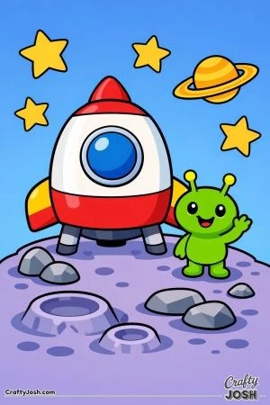A rounded spaceship is parked on a small alien planet while a friendly smiling alien waves beside it, with stars and a ringed planet floating in the ..
