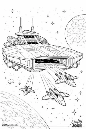 A large futuristic carrier spacecraft floats in space while three small starfighters launch from its central hangar with stars and a distant planet ..