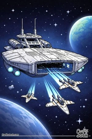 A large futuristic carrier spacecraft floats in space while three small starfighters launch from its central hangar with stars and a distant planet ..